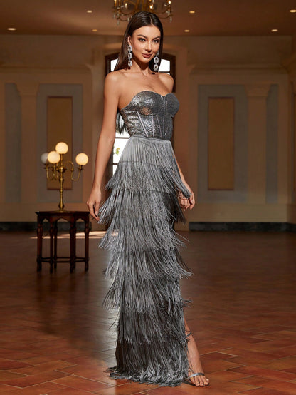 LLstyle Split Thigh Fringed Hem Sequin Tube Dress