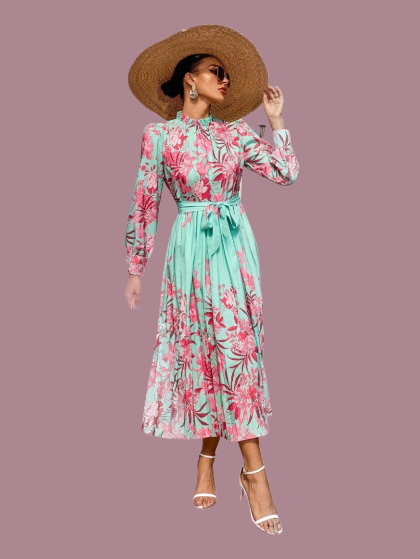 LLstyle Women's Floral Print Long Sleeve Belted Dress