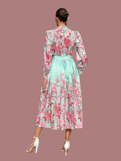 LLstyle Women's Floral Print Long Sleeve Belted Dress