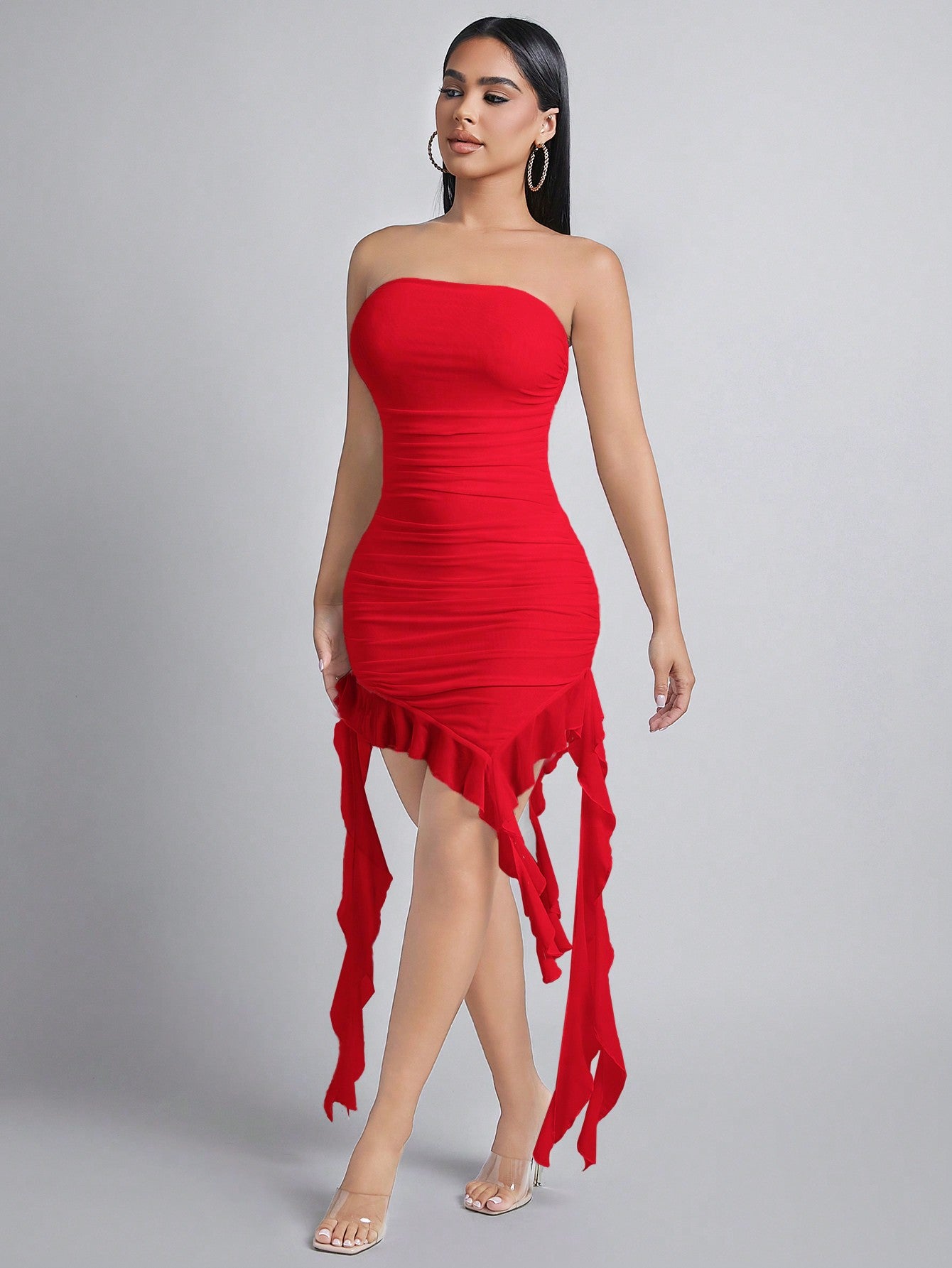 LLstyle Women's Asymmetric Hem Ruffle Bandeau Dress