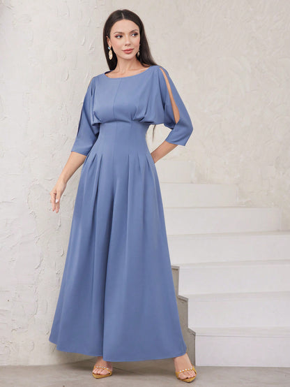 LLstyle Off-Shoulder 3/4 Sleeve Pleated Wide Leg Jumpsuit