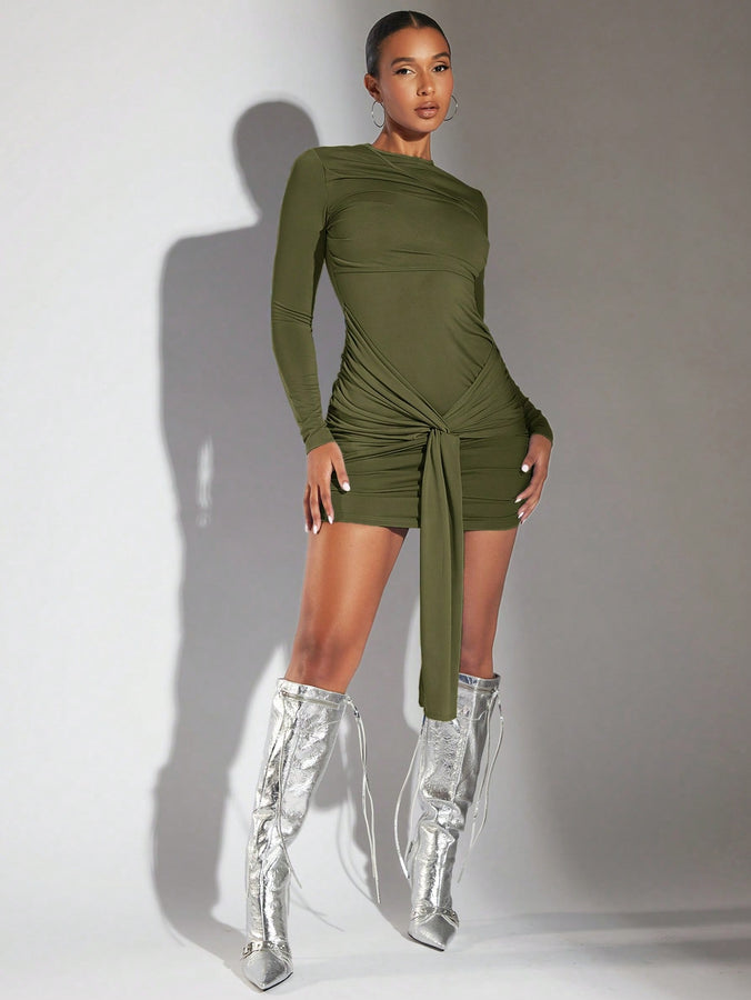 LLstyle Solid Knot Front Bodycon Dress