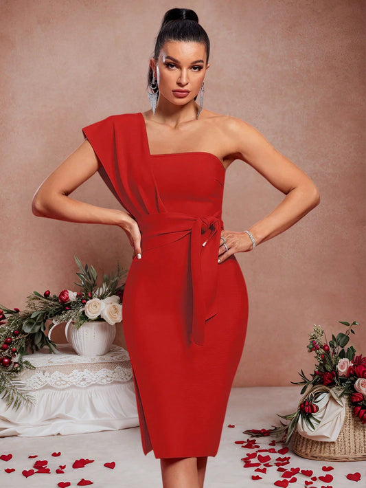 LLstyle Red Elegant Asymmetrical Neckline Bandage Waist Tie Dress