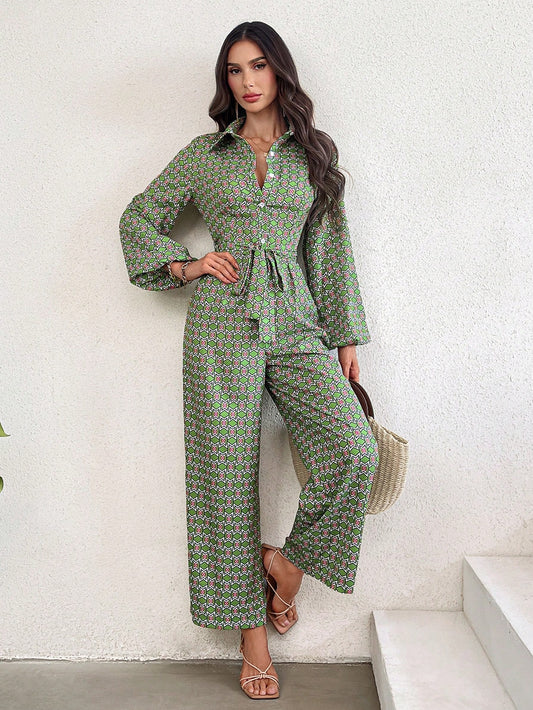 LLstyle All-Over Printed Lantern Sleeve Jumpsuit