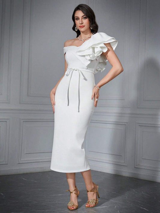 LLstyle Solid Color Asymmetrical Neckline Ruffle & Bead Decorated Side Split Dress