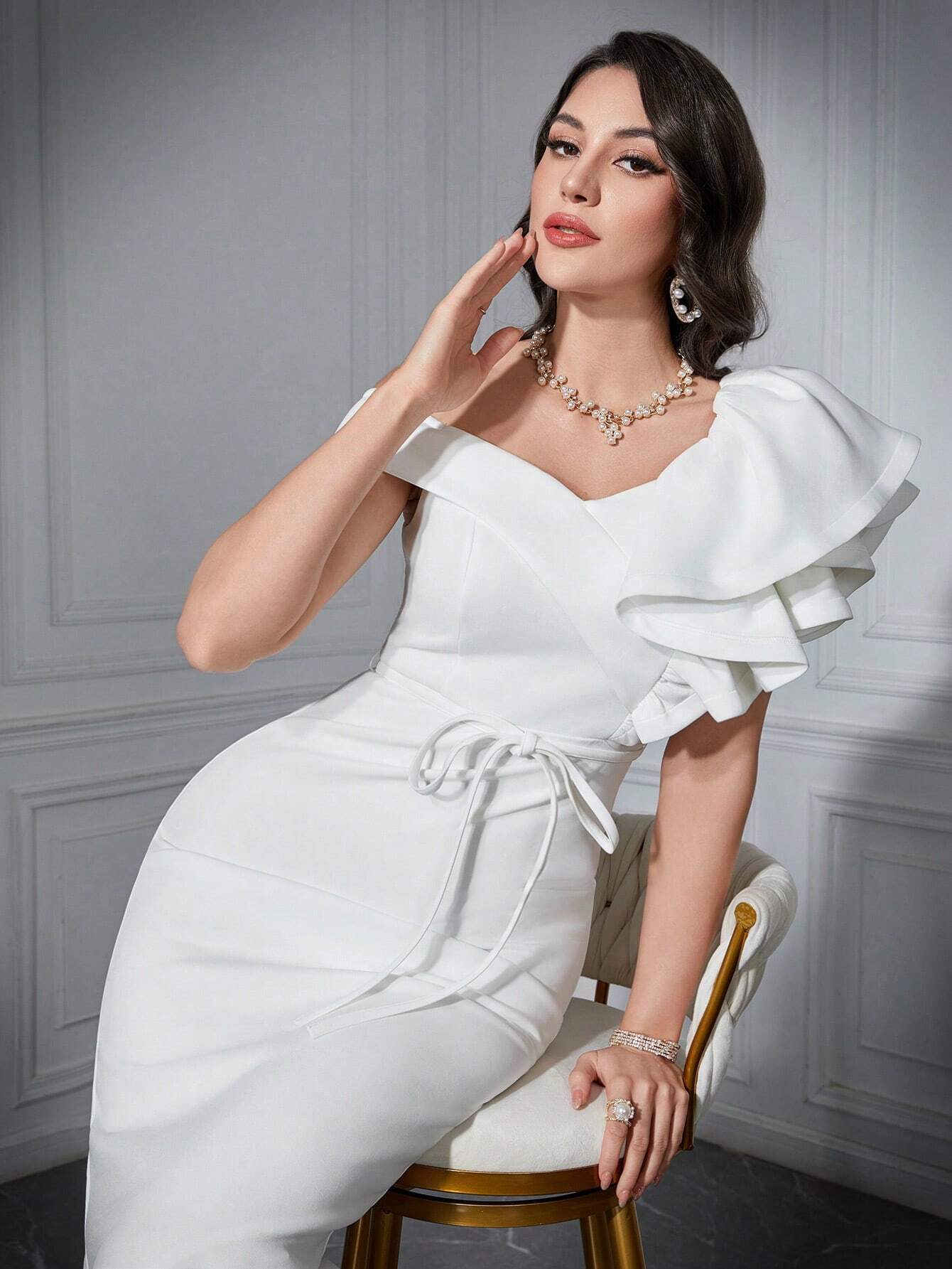 LLstyle Solid Color Asymmetrical Neckline Ruffle & Bead Decorated Side Split Dress