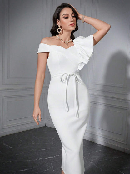 LLstyle Solid Color Asymmetrical Neckline Ruffle & Bead Decorated Side Split Dress