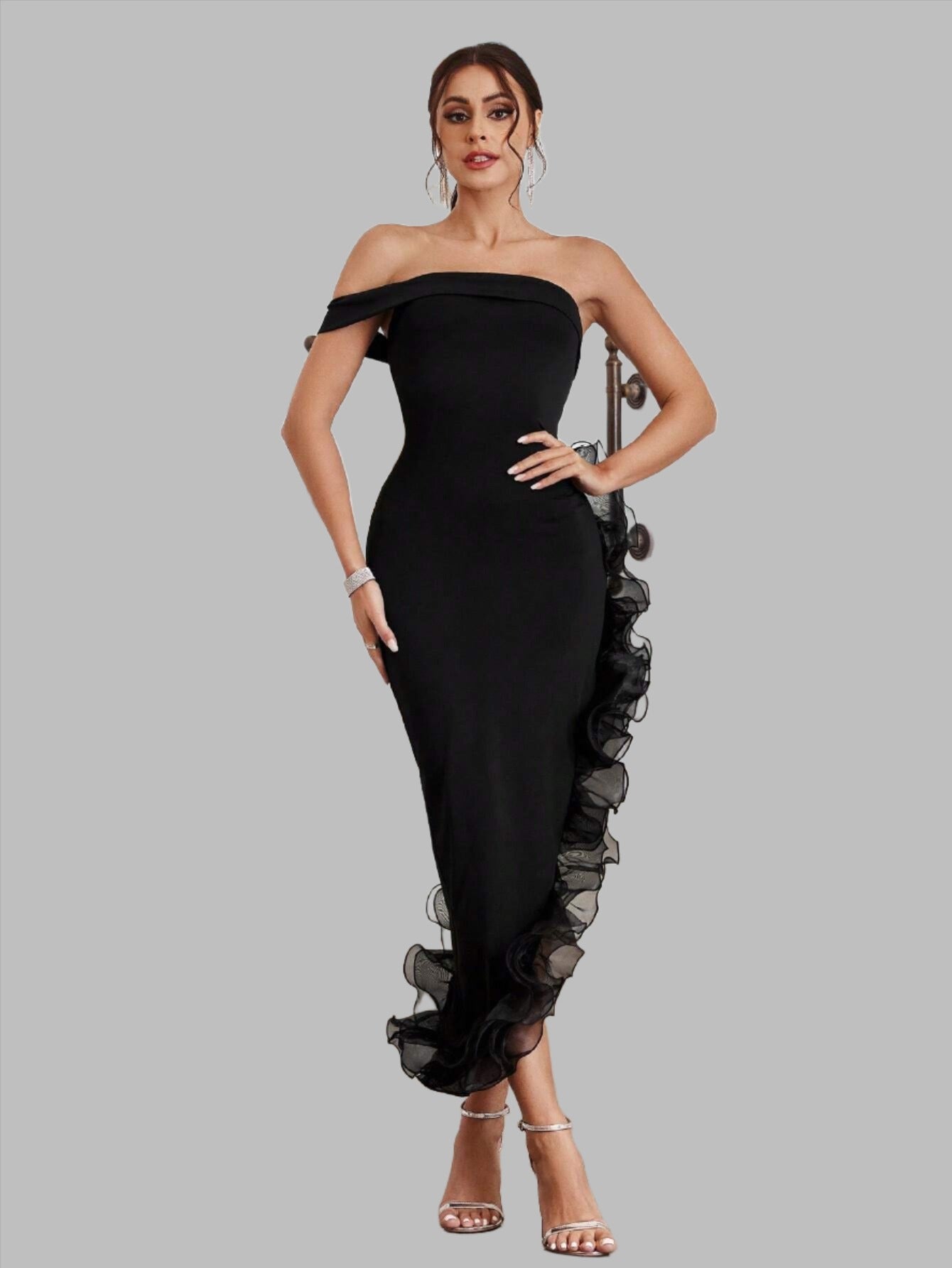 LLstyle Asymmetrical Off Shoulder Dress With 3d Ruffle Decoration
