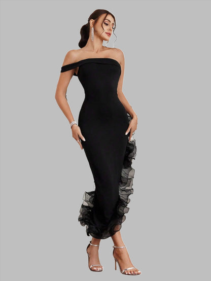 LLstyle Asymmetrical Off Shoulder Dress With 3d Ruffle Decoration