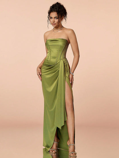 LLstyle Ruched Split Thigh Satin Tube Prom Dress