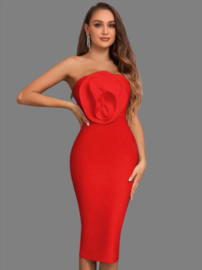 LLstyle Red 3D Flower Front Strapless Zip Back Split Midi Dress