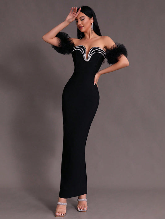 LLstyle Luxurious Rhinestone Sexy Off-Shoulder Long Bandage Dress