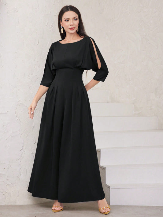 LLstyle Off-Shoulder 3/4 Sleeve Pleated Wide Leg Jumpsuit