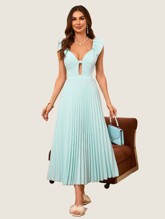 LLstyle Style High Waist Hollow Out Pleated Ruffle Maxi Dress