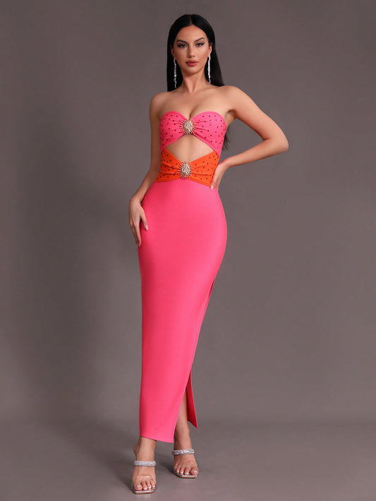 LLstyle Women's Sexy Color Blocking Hollow Out Diamond Dress