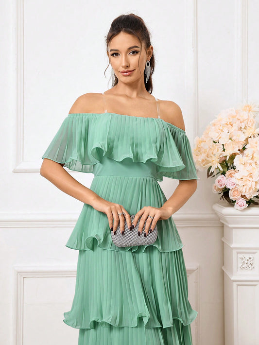 LLstyle One Shoulder Multi-Layer Pleated Evening Dress