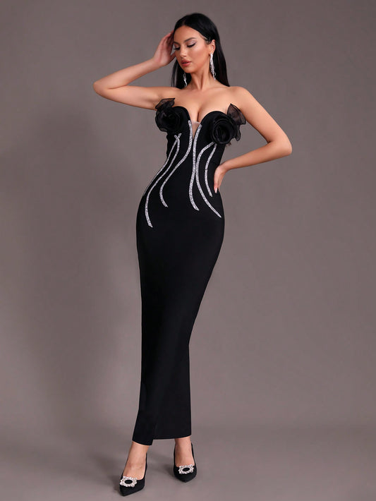 LLstyle Black Sexy Strapless V-Neck Floral Dress