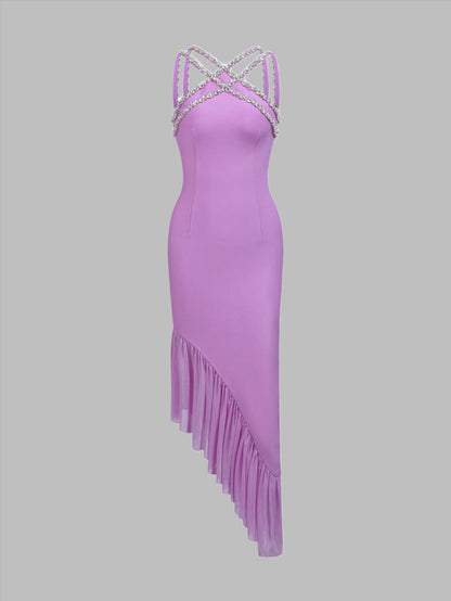 LLstyle Rhinestone Detail Asymmetrical Hem Dress