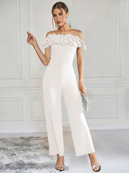 LLstyle Ruffle Trimmed Decoration One Shoulder Straight Jumpsuit