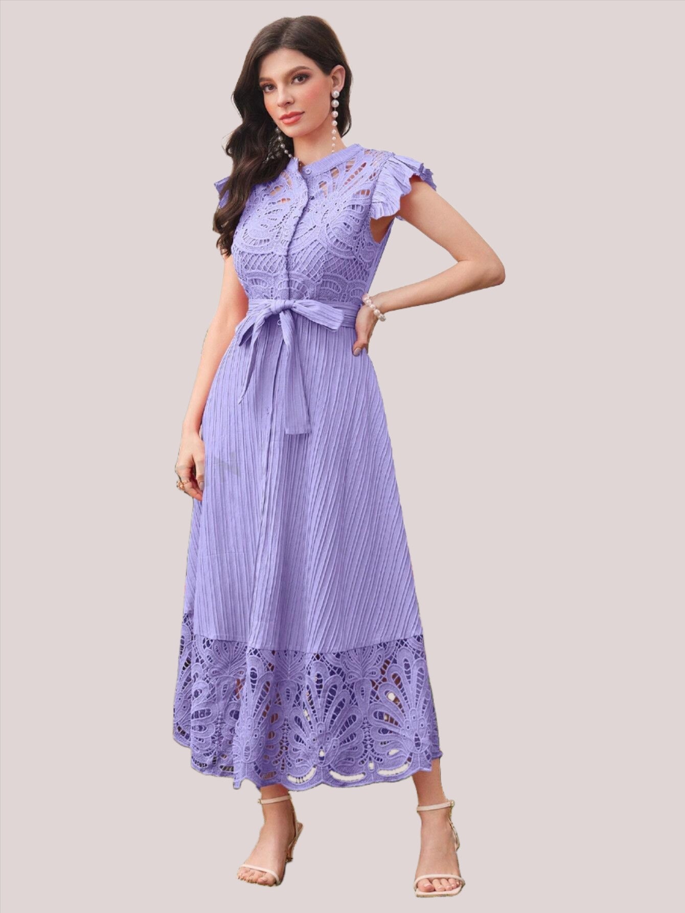LLstyle Women Fashion Solid Color Strap Flutter Sleeve Dress