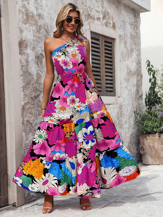 LLstyle Floral Print Asymmetrical Neckline Ruffle  Dress