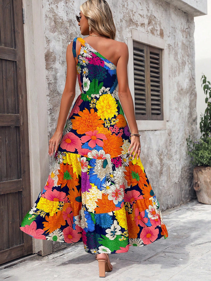 LLstyle Floral Print Asymmetrical Neckline Ruffle  Dress