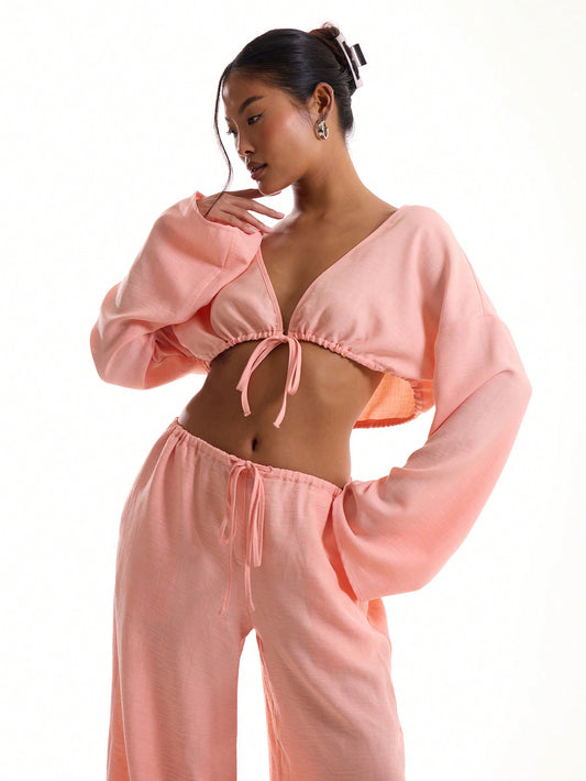 LLstyle Linen Feel Tie Front Wide Sleeve Beach Top