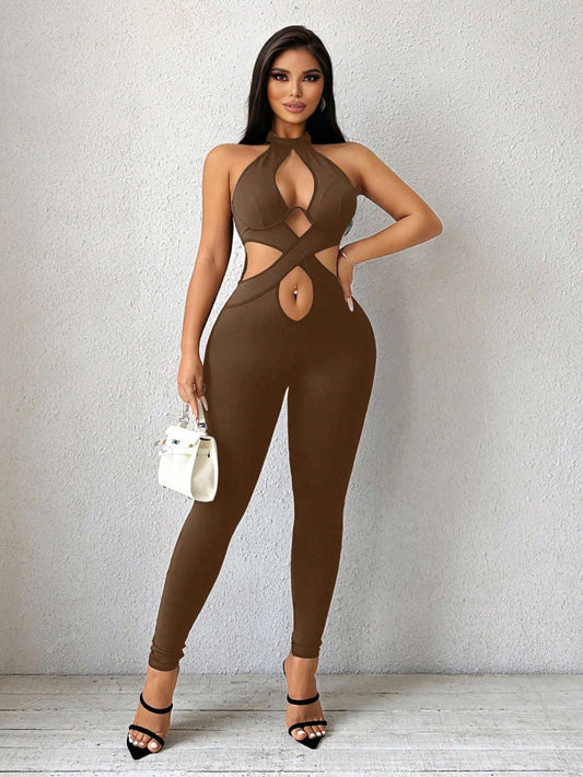 LLstyle Backless Halter Neck Cross Cut Out Tight Jumpsuit