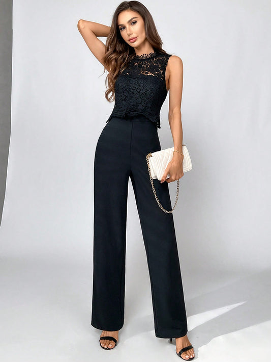 LLstyle Lace Spliced Backless Wide Leg Jumpsuit