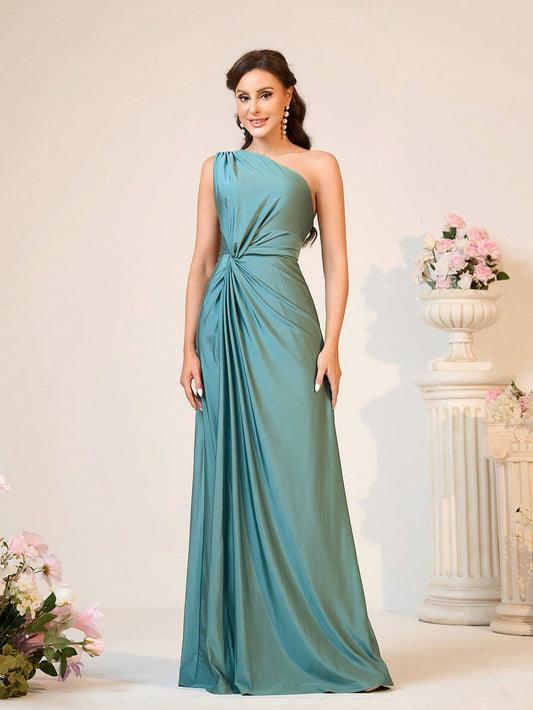 LLstyle Elegant Green Elastic Knitted One-Shoulder Dress