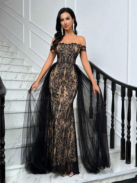 LLstyle Women Fashionable Black Lace Mesh Off Shoulder Party Dress