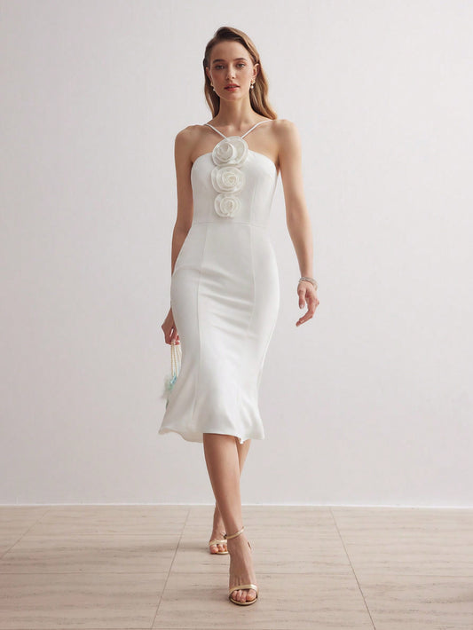 LLstyle Stereo Flower Detail Mermaid Hem Halter Dress