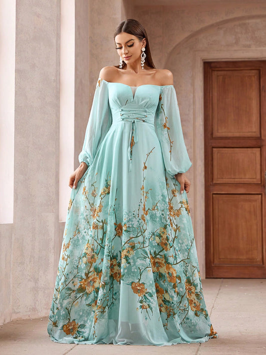 LLstyle Off Shoulder Lantern Sleeve Cross Strap Maxi Dress
