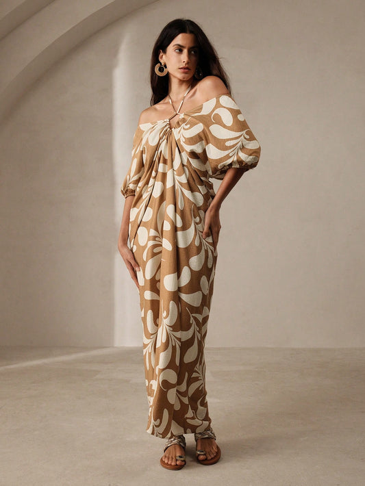 LLstyle Women's Plant Printed Off Shoulder Cross Dress