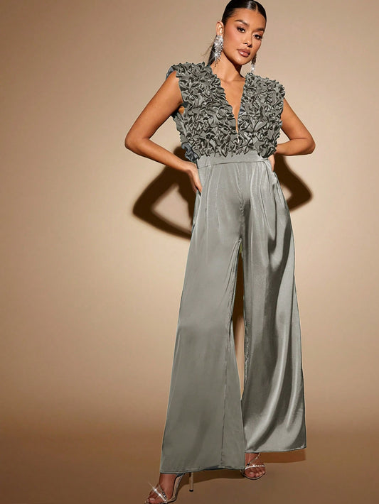 LLstyle Plunging Neck Ruffle Wide Leg Jumpsuit