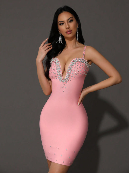LLstyle Sexy Women's Deep V Neck Heavy Beaded Bandage Dress
