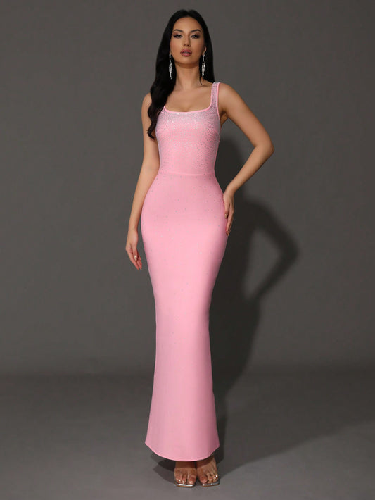 LLstyle 2024 New Pink Luxury Rhinestone Sleeveless Dress