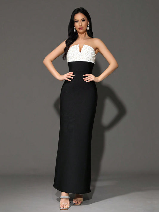 LLstyle Women's Sexy Black Strapless Pearl Party Dress