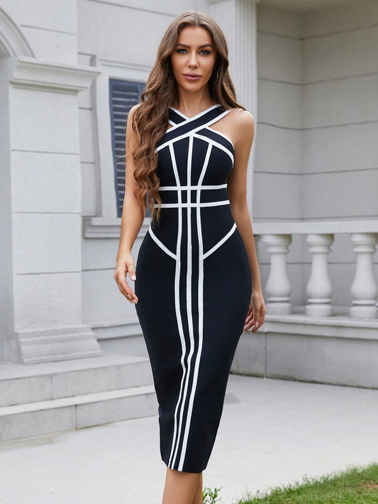 LLstyle Women's New Sleeveless Striped Bandage Bodycon Dress