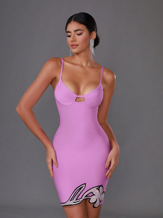 LLstyle Women's Rhinestone Decor Spaghetti Strap Bodycon Mini Dress