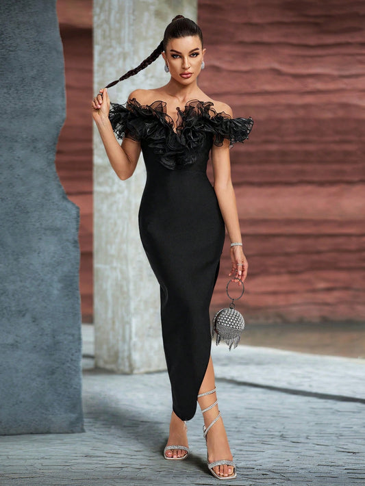 LLstyle Off Shoulder Mesh Dress With 3D Floral Lace Dress