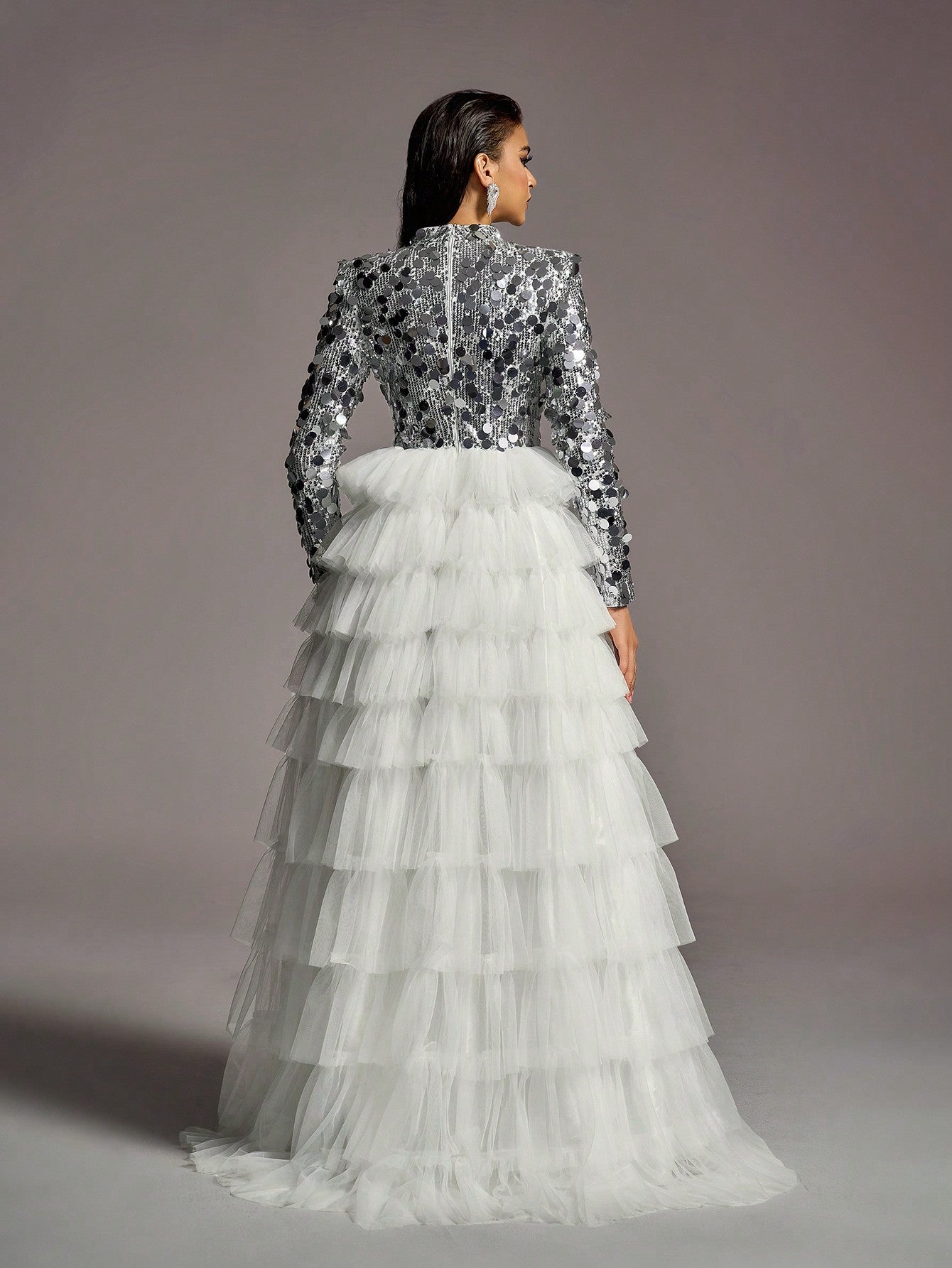 LLstyle Neck Sequin Bodice Contrast Layered Mesh Hem Wedding Dress