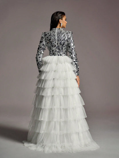 LLstyle Neck Sequin Bodice Contrast Layered Mesh Hem Wedding Dress