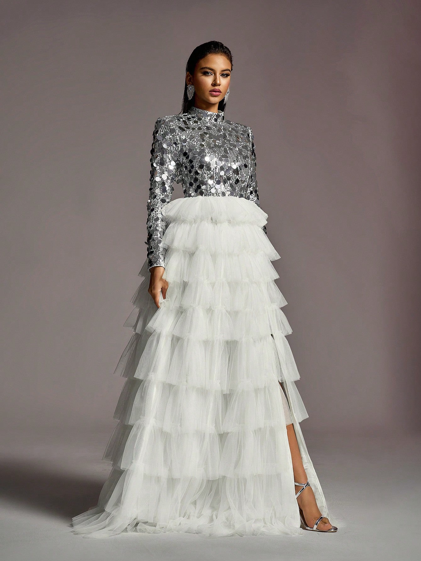 LLstyle Neck Sequin Bodice Contrast Layered Mesh Hem Wedding Dress