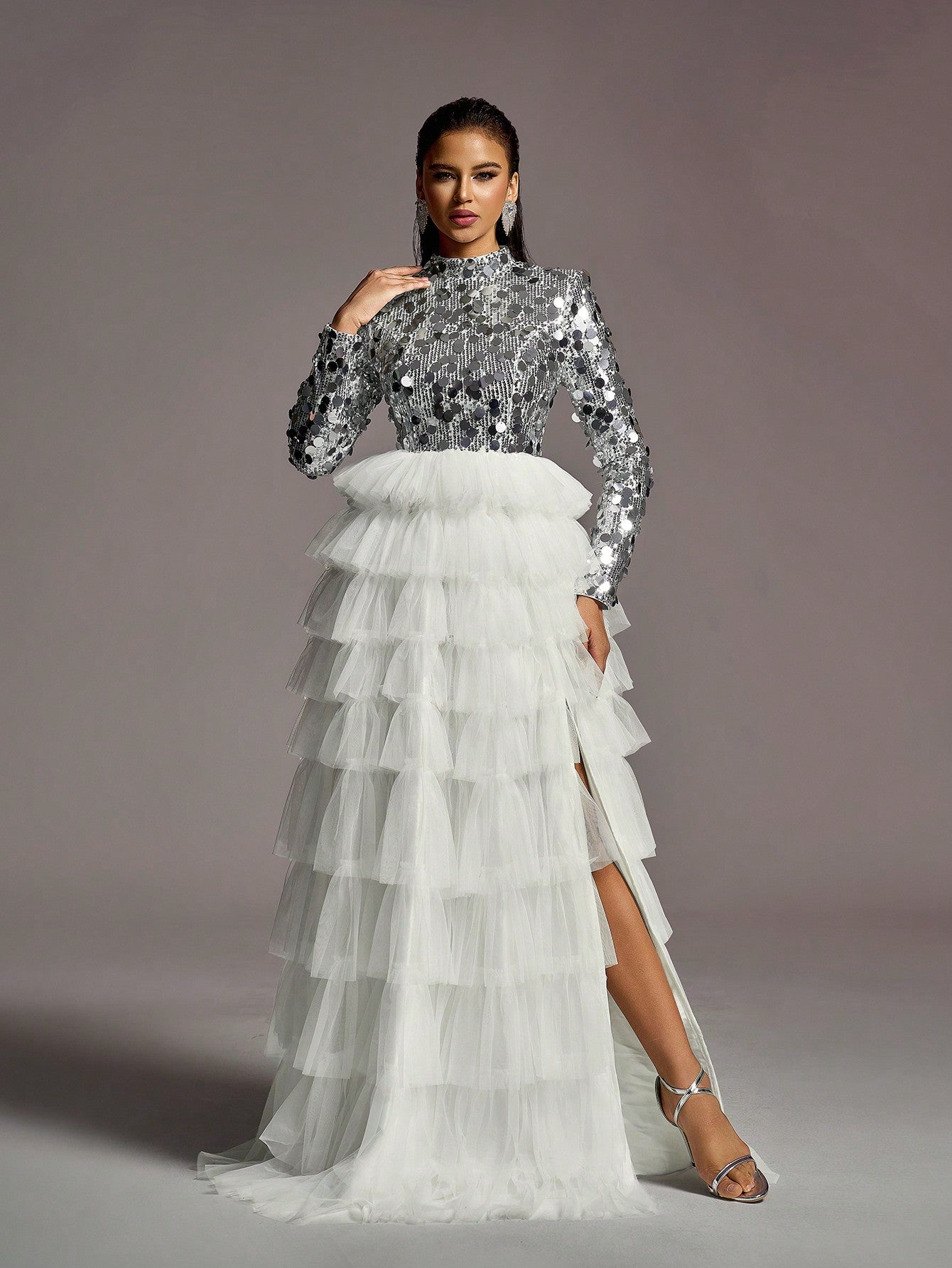 LLstyle Neck Sequin Bodice Contrast Layered Mesh Hem Wedding Dress