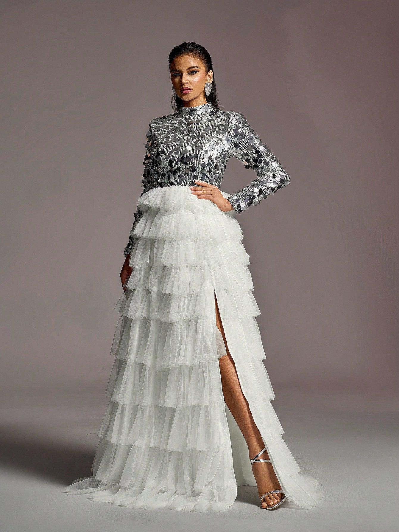 LLstyle Neck Sequin Bodice Contrast Layered Mesh Hem Wedding Dress