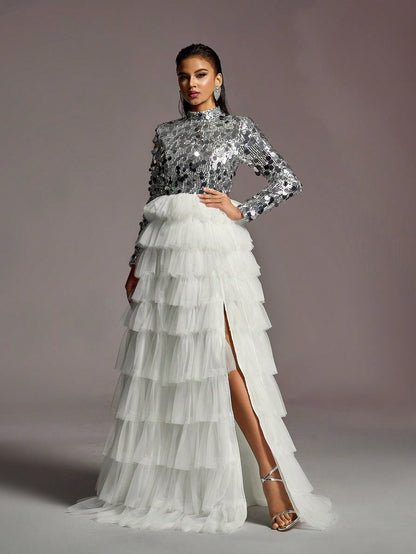 LLstyle Neck Sequin Bodice Contrast Layered Mesh Hem Wedding Dress