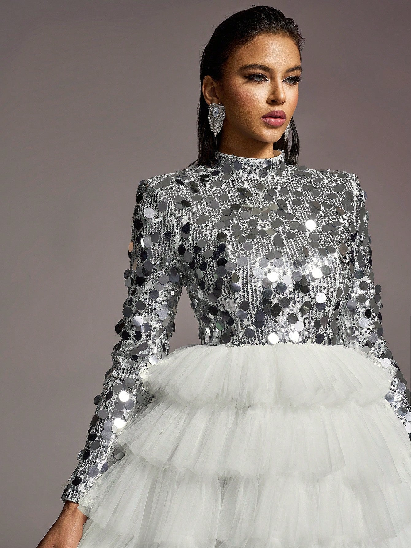 LLstyle Neck Sequin Bodice Contrast Layered Mesh Hem Wedding Dress