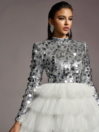 LLstyle Neck Sequin Bodice Contrast Layered Mesh Hem Wedding Dress