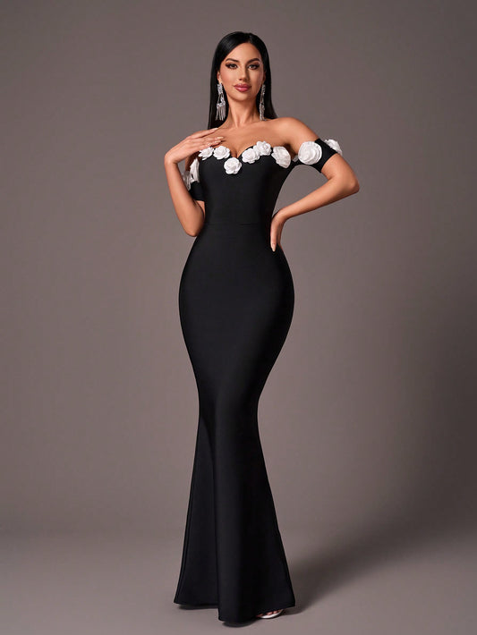 LLstyle Elegant Black One Shoulder White Dress